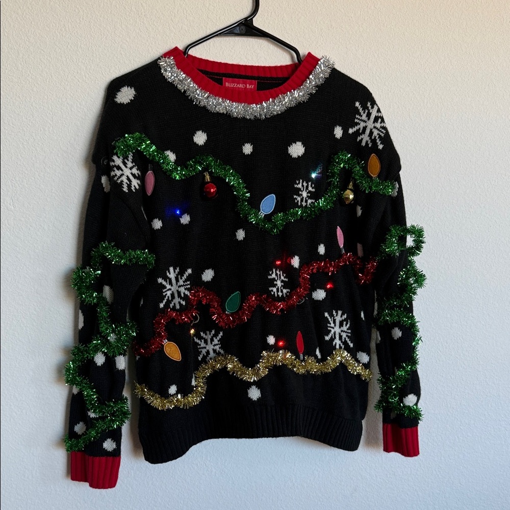 Holiday Black Sweater with Snowflake and Garland Design